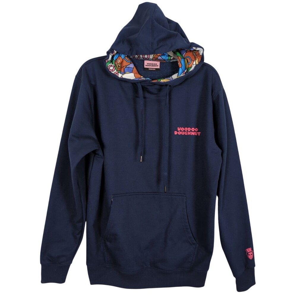 Voodoo Doughnut Hoodie Navy Sweatshirt Size M Graphic Pullover Stained Glass